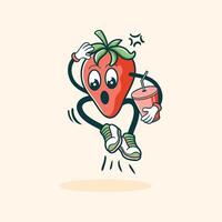A Surprised Strawberry Character Jumps with a Drink vector