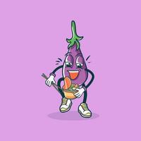 An Eggplant Character Eats Noodles With Chopsticks vector
