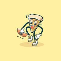 A Happy Pizza Slice Character Holds A Sausage vector