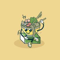 Happy Noodle Bowl Character Sitting On Box vector