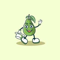 A happy avocado character waves holding a hat vector