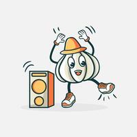 A happy garlic character dances near a speaker vector