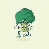 A surprised broccoli character joyfully jumps and dances vector