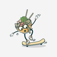 A Ramen Bowl Character Skateboarding Joyfully vector