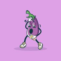 A worried eggplant character holds a crushed can vector