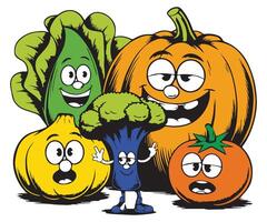 A vegetable group Cartoon Illustration with faces that say happy vector