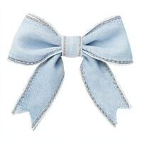 Denim bow in light blue fabric featuring a stylish design with frayed edges, ideal for various decorative purposes and fashion accessories photo
