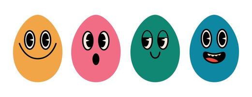 Easter eggs with face set. Funny groovy characters. illustration for banner, border, background, greeting card, print vector