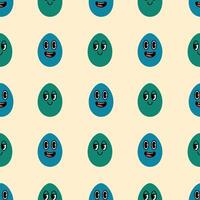Easter eggs with faces seamless pattern. Funny characters on a beige background. Colorful illustration for wrapping paper, greeting card, textile, background vector