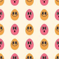 Easter eggs with faces seamless pattern. Cheerful characters on a beige background. Colorful illustration for wrapping paper, greeting card, textile, background vector