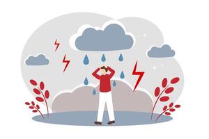 The concept of life problems, bad mood and depression. The man is wet in the rain. Thundercloud vector