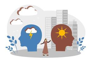 The concept of different moods, different emotions and psychological states. Mental health. Head with a cloud and lightning. Head with the sun vector
