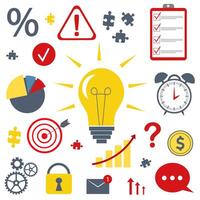 A set of colored icons for business on a white background. Light bulb, target, diagram, percentage, clock, gears, letter, task, arrows, puzzles, money, lock vector