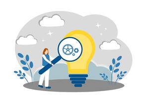 A woman, a light bulb, gears and a magnifying glass. The concept of finding a new idea and solving problems vector
