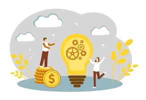 A shining light bulb with gears. The concept of an innovative idea, inspiration, a new business idea and solving financial problems. vector