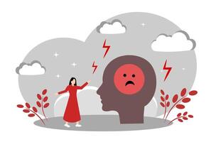 The concept of depression, low mood, psychological problems, PMS, and negative thoughts. A head with a sad smiley face and lightning. A woman in depression vector