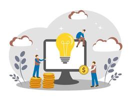 A light bulb and a computer. The concept of teamwork, business, making money and a new idea vector