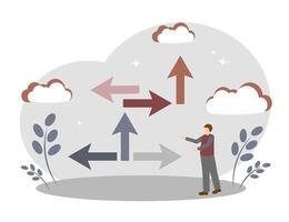 The concept of choosing and solving life problems. A man and arrows. A man thinks and makes a decision vector