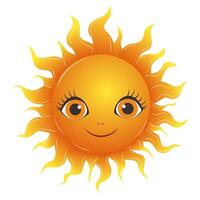 Cute smiling sun with big eyes and wavy rays isolated on a transparent background. Represents happiness and warmth. Summer element. illustration vector