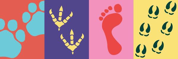 Background for your design. Set of animal and bird footprints for background. Bright background of animal paws. vector