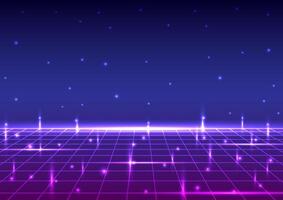 Digital retro technology in dark background. Futuristic 80s 90s cyberpunk concept. Design for wireframe, abstract, neon, light, grid, landscapes, retro, illustration. vector