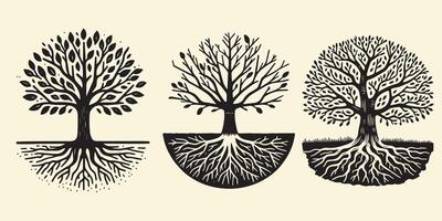 Minimalist Tree with Roots Linocut Style vector