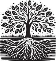 Linocut Tree with Roots Monochrome Nature Art vector