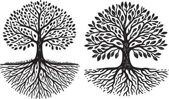 Hand-Drawn Tree with Roots Linocut Style Illustration vector