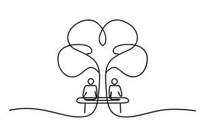 Continuous Line Drawing Two Figures Sitting Under Tree vector