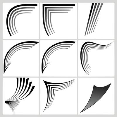 Abstract Geometric Shapes Nine Curved Line Designs, Black and White