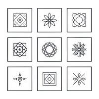 Nine Geometric Mandala Designs Abstract Line Art, Square Frames vector