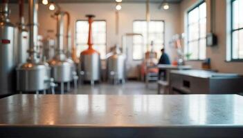 Empty tabletop with blurred image of a beer factory interior for background usage, distillery alcohol drinks photo