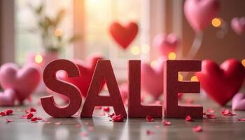 Valentine's day sale concept. Word SALE on wooden background photo