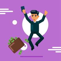 Working man very happy, jump in the air, goal project, money case vector