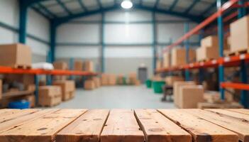 Empty tabletop with blurred warehouse and storage room for background usage in freight transportation and distribution photo