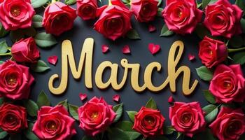 Red roses on a black background with the word March. Top view on dark background photo
