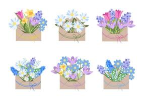 Set of Spring or Summer Flower Bouquet in Envelope. Cute Spring Flat Floral Plants Collection. Modern Botanical Design Isolated on White Background. Elements for Poster, Banner, Social Media. vector