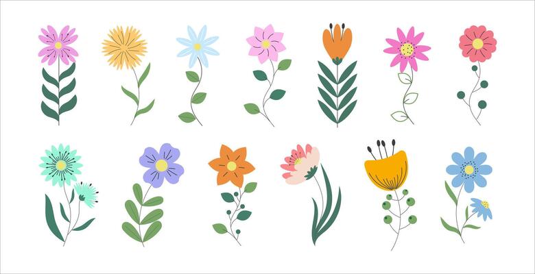 Abstract Origami Flower Set. Modern Spring or Summer Flowers in Flat Style. Simple Floral Plant Element Design for Banner, Posters, Templates, Sales, Cards, Advertisements, websites, wallpaper.