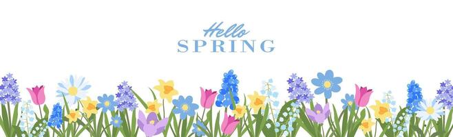 Hello Spring. Background with Flowers in Flat Style. Modern Floral Banner with Flat Spring Flowers. Botanical Banner with Simple Elements. Design Perfect for Sale, Birthdays, Advertisement, Web vector