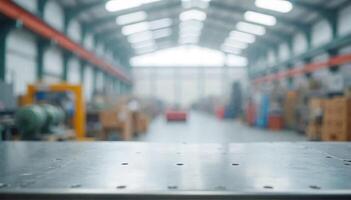 Empty tabletop and blurred background of factory or warehouse for product display photo