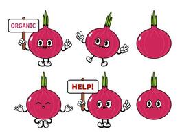 Funny cute Red onion characters bundle set. hand drawn doodle style traditional cartoon vintage, retro character illustration design. Isolated white background. Happy Red onion vector