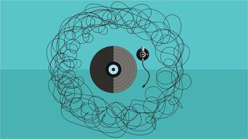 Abstract Retro Vinyl Record with Tangled Lines on Turquoise Background vector