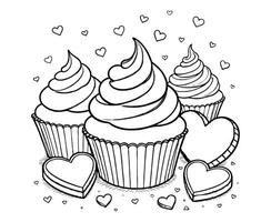 cupcakes, heart-shaped coloring page vector