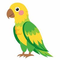Cartoon bird green Amazon parrot of yellow headed. Colorful exotic bird parrot. Side view.Isolated on white background. vector