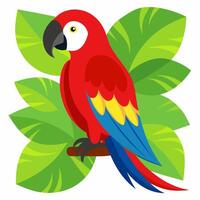 Cartoon Amazon macaw parrot red color sits a branch on a background of green leaves.Cute talking domestic bird. vector