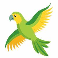 cartoon bird Amazon parrot green yellow color in flight .Colorful exotic parrot. Side view. Isolated on white background. vector
