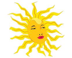 Radiant sun with a beautiful girl's face at its center, shining warmly with a celestial glow. vector