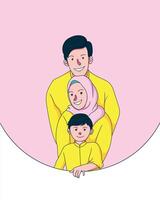 A cute illustration of a happy family in warm beige tones, with soft details and cheerful expressions. vector