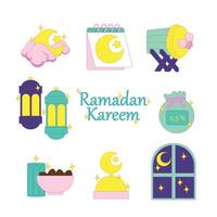 Cute Ramadan illustration set with a crescent moon, drum, lanterns, mosque, dates, zakat. vector