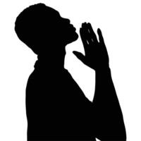Silhouette of a person praying, head tilted back, hands clasped in supplication. A powerful image of faith and hope. vector